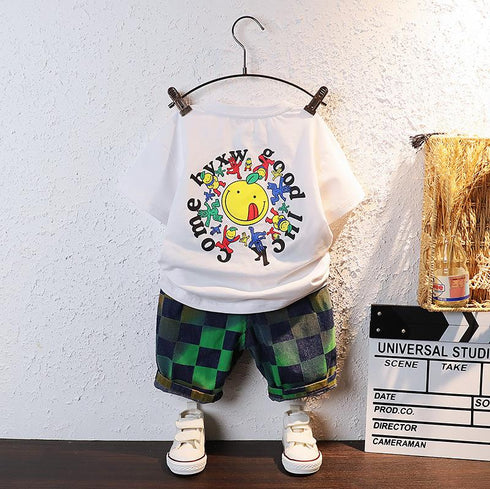 Cartoon letters round neck short sleeved suit boys' casual shorts two-piece set